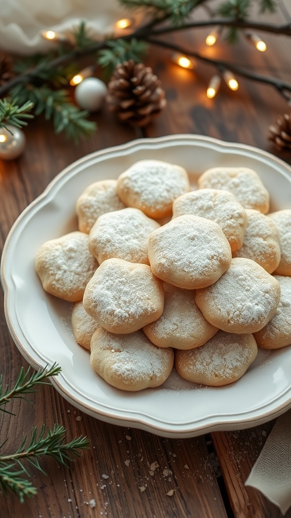 Neutral Aesthetic Christmas Cookies Recipe A plate of neutral aesthetic Christmas cookies dusted with powdered sugar, set on a rustic wooden table with holiday decorations.
